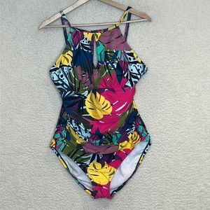 NWOT Womens Bathing Suit One Piece Stretch MONSTERA LEAF Key Hole LARGE L